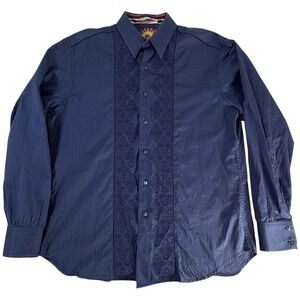 Robert Graham L Navy Blue Button Up Shirt Embroidered‎ "Knowledge Modern Truth"